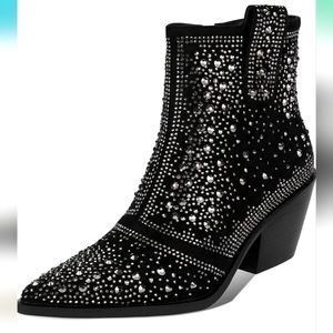 ISNOM Rhinestone Cowboy Boots Sparkly Ankle Boots with Pointed Toe & Chunky Heal